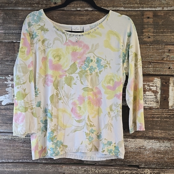 Emma James Colorful Spring Sweater With Jeweled Neckline, Ladies Size L - Picture 1 of 3